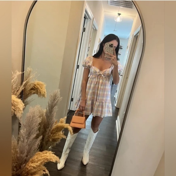 Amanda Uprichard Dress Goldie Mini Puff Sleeve In Picnic Gingham
